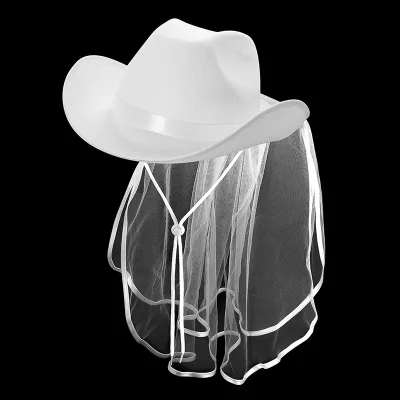 Haiwin Party Custom Western Bride's Cowgirl Hat White Cowboy Hat With Veil for Bachelorette Party