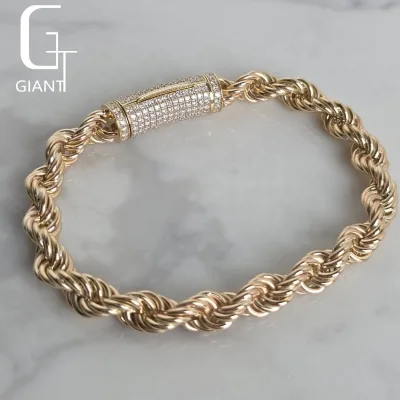 Men Gold Bracelet Jewelry 10K Yellow Gold Rope Bracelet With Lab Grown Diamond Clasp 6MM