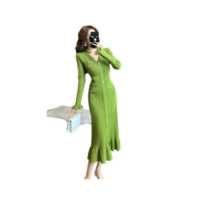 High Waist Ruffled Woven Breathable V-neck Long Sleeve Bodycon Long Maxi Dress Women's Autumn Simple ODM Elegant A-Line