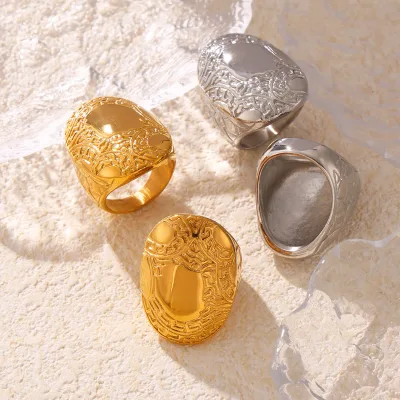 Vintage Carved Irregular Figure Chunky Ring Exaggerated 18k Gold Plated Texture Stainless Steel Large Oval Finger Rings