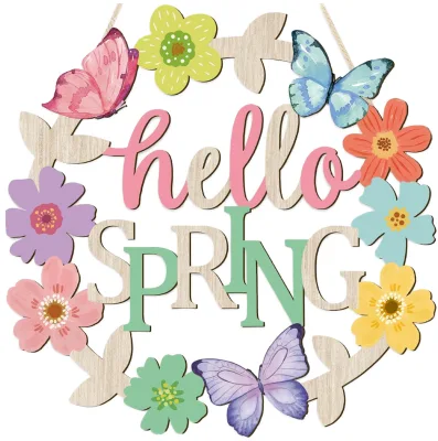 Artificial Spring Wood Wreath Unlit Easter Home Decorative with Butterfly Flowers for Front Door Window Wall Hanging Decoration