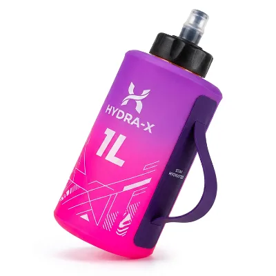 1L Emergency Foldable TPU Collapsible Portable Silicon Bite Valve Water Bottle Flask with Hand Holder for Climbing and Running