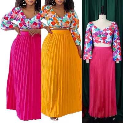 Latest Design Skirt and Top Set for Women V-neck Printed Blouse Pleated Long Skirts Set 2 Piece Outfits for Women