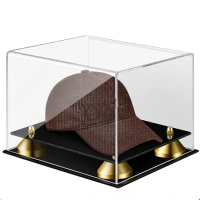 Pre-assembled Acrylic Detachable Cap Hat Display Case Clear Stackable Baseball Cap Storage Box with Black Gold Base