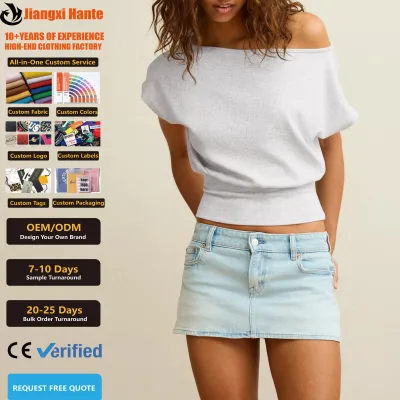 Women Ribbed Cotton Off Shoulder Slant Neck Crop T-Shirt Custom Print Embroidery Ruched Waist Slim Fitted Y2K Cropped T Shirts