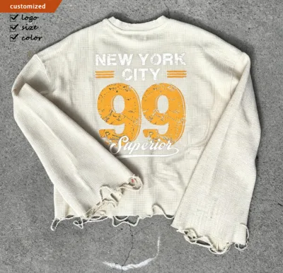 Personalized Heavyweight Boxy Acid Wash Sweatshirt Custom Distressed Cropped Waffle Knit Long Sleeve Tops