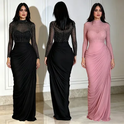 CX7793 Mock Neck Rhinestone Mesh Long Sleeve Evening Gown Draped Ruched Bodycon Maxi Dress Dubai Arabic Party Formal Dress