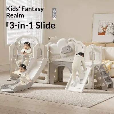 Vsuch Cloud Bear 3 in 1 Kids Play Slide Set With Swing Climber Indoor Toddler Playground Activity Equipment for Home Use