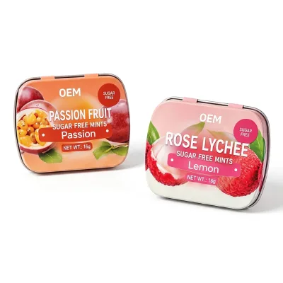 OEM ODM Private Label Sugar Free Mint Tablet Candy Portable Tin Box Fruit Flavor Fresh Breath Mints Kiss Candy Custom Packaging
