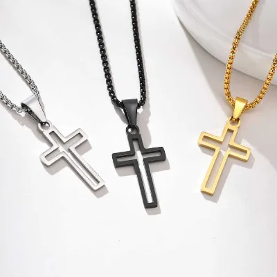 High Polish Hollow Stainless Steel Cross Necklace for Men Women Religious Christian Square Pearl Chain Cross Pendant Necklace