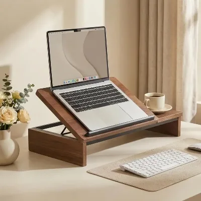Wooden Adjustable Lap Stand Double Layer Desk Riser with Storage Shelf Anti Slip Strips for Home Office