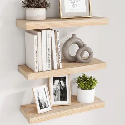 3-piece Set Natural Wood Floating Shelves 17 Inch Wooden Wall Shelves Cute Style Bathroom Living Room Lightweight 30LBS Hardware