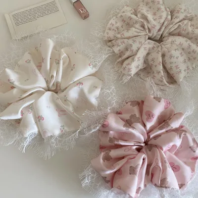 Soft Satin Lace Trim Scrunchies Floral Bear Print Elastic Hair Bands for Girls