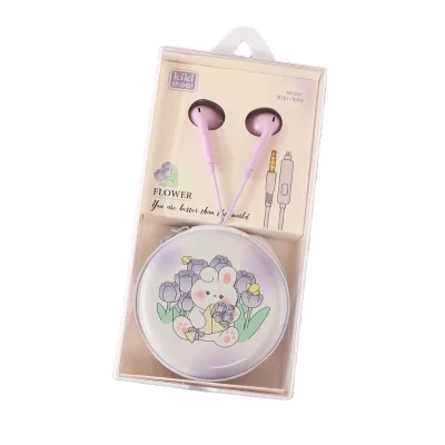 2024 Kiki-400 Earphones Earbuds with Cute Rabbit Flowers Tinplate Storage Box 3.5mm Headphones
