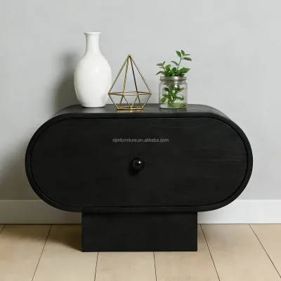 One Drawer Fluted Black Nightstand, Wave Scalloped Particle Board Storage Bedside Cabinet for Bedroom Apartment