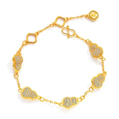 Womens Tungsten Electroplated Sand Gold Diamond-Encrusted Gourd Coin Bracelet-Courtly Style Light Luxury Gift for Girlfriend