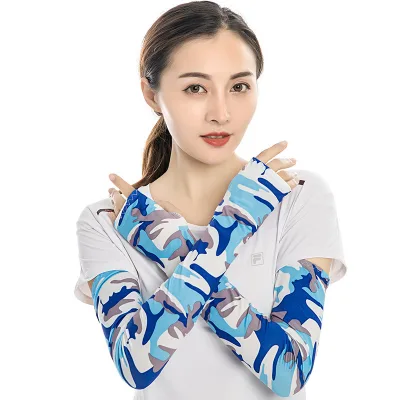 Outdoor Sun-Protection Ice-Silk Polyester Arm Sleeves Thumb Openings Camouflage Long Extra-Long Fingerless Hiking Cycling