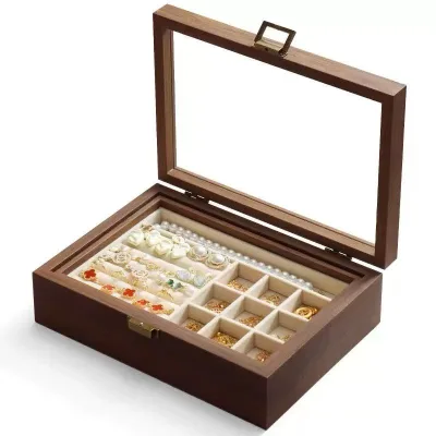 Black Walnut Wood Multifunctional Jewelry Box for Necklaces Earrings Bracelets Dust Cover Included