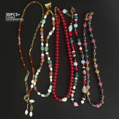 Vintage Handmade Boho Beaded Necklace Agate Freshwater Pearl Gold Plated Chain Trendy Women Gemstone Jewelry for Boutique Brands