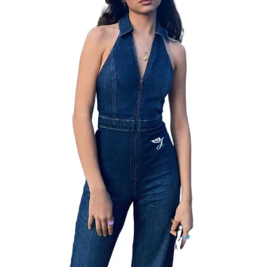 SMO Sleeveless Sexy Jump Suit for Women Denim Jumpsuit Halter Jumpsuit