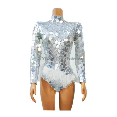 High Collar Lens Feather Triangle Bodysuit Singer Dance Nightclub Bar Gogos Performance Dress