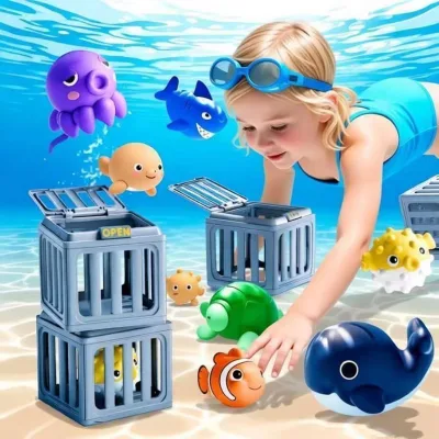 Underwater Dive Rescue Toys, Pool Diving Toys with Storage Fish Box and Colorful Animal Pool Sinkies Swimming Training Game