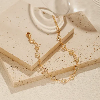 2026 New Geometric Round Diamond-Shaped Elegant Anklet White Minimalist INS Style High-End Gold-Plated Copper Women's Foot Chain