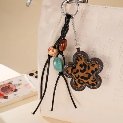 Creative Beaded Braided Bag Keychain PU Leather Leopard Flower Charm Vintage Purse Hanging Accessory Key Chain