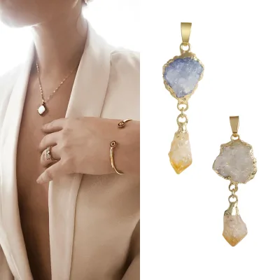 Wholesale Natural Stone Citrine Pendants Gold Plated Crystal Druzy Pendant Nature Druzy Pendants