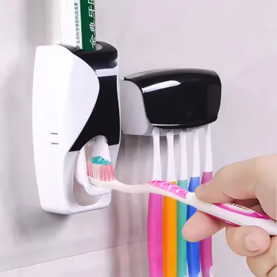 Automatic Toothpaste Dispenser Tooth Brush Holder Wall Mount Dust-proof Toothpaste Squeezer and Toothbrush Holder Set