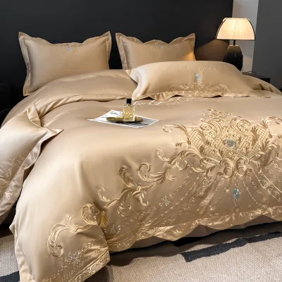 European-Style Four-Piece Luxury Royal Gold Embroidery Comforter Set 100% High-Density Egyptian Cotton 300tc Ultra-Soft Modern