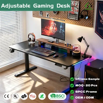 Dual Motor Ergonomic Adjustable Gaming Desk Equipped with Headphone Hook, Cup Holder, Cable Tray and RGB Ambient Light Strip