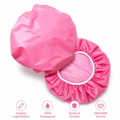 Custom Logo Waterproof PEVA Shower Cap Reusable Hair Cover for Women Adults Double Layer Bath Cap for Spa Salon