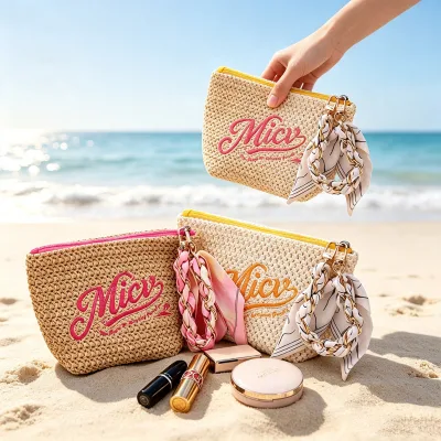 Custom Embroidery Logo PP Woven Straw Cosmetic Pouch With Wrist Strap Nylon Lining Portable Travel Beach Makeup Organizer Bag