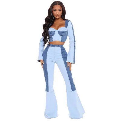 LEDUO Custom Denim for Women Stretch Long Sleeve Crop Top High Rise Slim Flared Jeans Colorblock 2 Pieces Denim