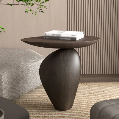 Organic Pebble Side Table Glass Top Fiberglass Base Dark Walnut Wabi Sabi Accent Corner Table for Living Room Villa Ecktisch