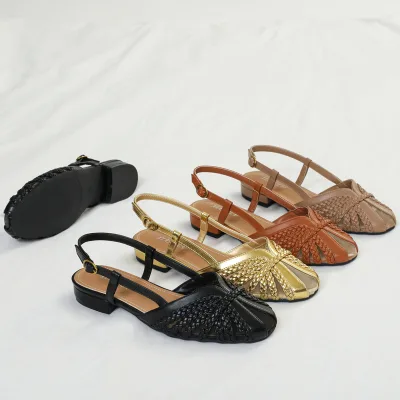 Women Closed Toe Woven Sandals Retro Braided Strap Block Low Heel Pumps Adjustable Buckle Casual Summer Flat Shoes For Holiday