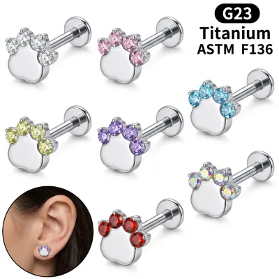 ASTM F136 Titanium Cat Paw Cartilage Earring Internal Thread Zircon Stud Piercing Jewelry for Women Men Hypoallergenic