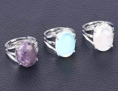 Oval Natural Stone Crystal Alloy Women Ring Multi Color Choice Four Prong Setting Hollow Out Ring Foreign Trade Jewelry