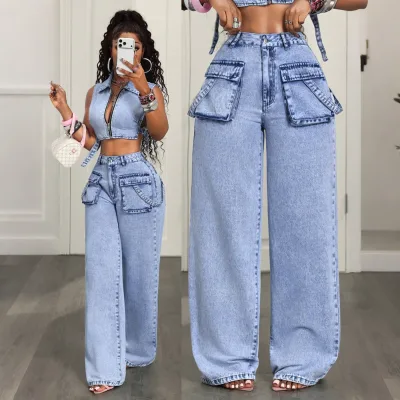 In-Stock C260821 Ladies Light Wash Wide Leg Cargo Jeans Multi Flap Pockets Strap Deco High Waist Loose Denim Trousers