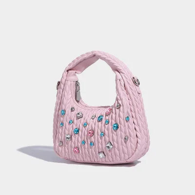 Women's Pleated Cloud Bag Diamond-Encrusted Crossbody Shoulder Handbag Logo Pattern Versatile Crescent Bag PU Hand Bag Crystal