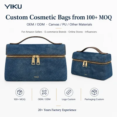 YIKU Blue Denim Canvas 100+ MOQ Custom Logo OEM ODM 20 Years Factory Experience Large Capacity Travel Women Cosmetic Bag