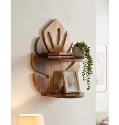 2-Tier Boho Decorative Wall Storage Rack Wooden Floating Shelves Natural Wood Plant Display Shelf for Living Room Bedroom Office