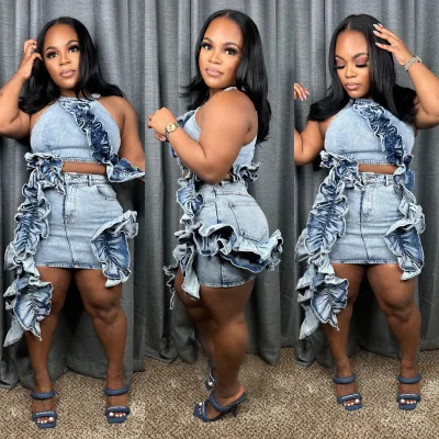Classic Women's Tank Tops Denim Skirts Set