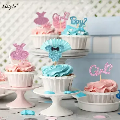 Hstyle 24Pcs Boy or Girl Cupcake Toppers Glitter Cupcake Picks Baby Shower Cake Toppers Kids Birthday Gender Reveal Party