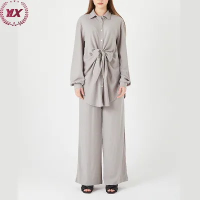 New Arrival Ladies Middle East Dubai Muslim 2 Pc Bow Set Pants Suits for Muslim Women With Buttons