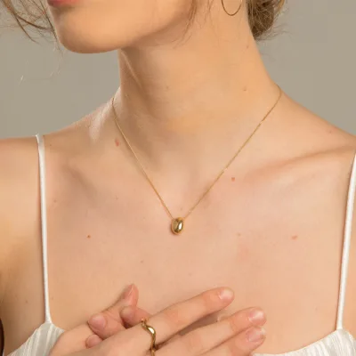 Gold Plated Stainless Steel Fine Jewelry Bean Pendant Flat Chain Choker Necklace
