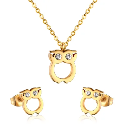 2021 New Fashion Ladies 316L Stainless Steel 18k Gold Plated Owl With Zircon Necklace Jewelry Set