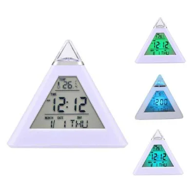 fPopular Thermometer Home Decoration Triangle Pyramid Colorful Backlight Digital Table Desk Alarm Clock