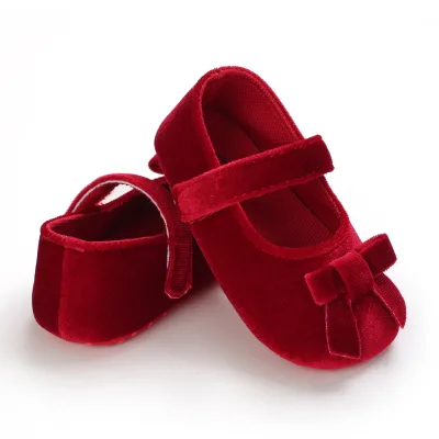 Red Velvet Bow Flats Women Soft Sole Elegant Party Shoes Comfortable Daily Wear Slip on Footwear Wholesale